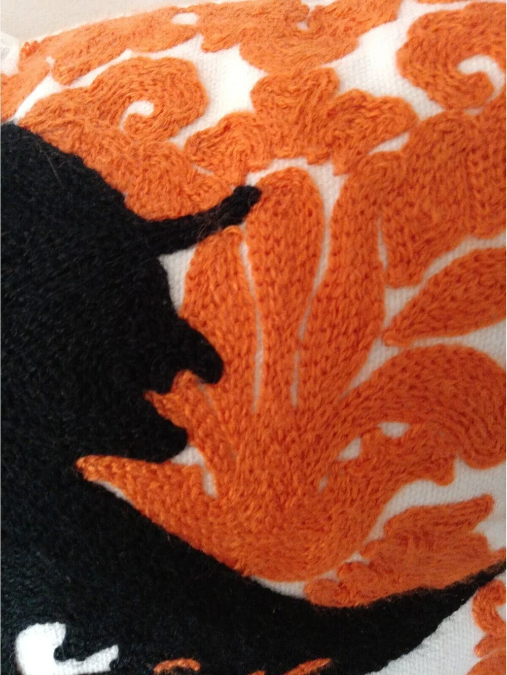 The Midnight Market Halloween Witch Silhouette Throw Pillow Orange Damask 18x18
